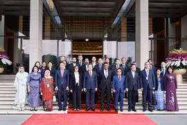 越南国会主席陈青敏与各国际审计组织领导人代表团合影。图自越通社