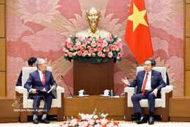 越南国会主席陈青敏（由）会见由韩国Hansoll纺织公司董事长、韩越友好协会主席李辛贾率领的代表团。图自越通社