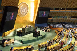 越共中央总书记、国家主席苏林在联合国大会一般性辩论上发表讲话。图自越通社