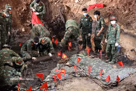 负责搜寻和归集烈士遗骸的力量在黎氏莲公园A区执行任务。图自越通社