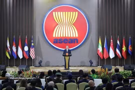 越共中央总书记苏林在2025年3月于印度尼西亚首都雅加达举行越南加入东盟30周年纪念仪式上致辞。图自越通社