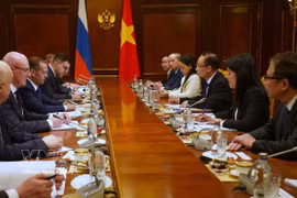 越共中央总书记苏林的特使、越共中央政治局委员、外交部长黎怀忠会见统一俄罗斯党主席德米特里·梅德韦杰夫。越通社发