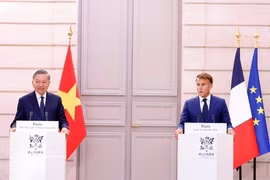 越共中央总书记、国家主席苏林与法国总统埃马纽埃尔·马克龙在会谈前共同会见了记者。图自越通社