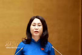 越南文化、体育与旅游部部长林氏芳青作国会关于越南文化发展的决议草案的说明、采纳与整理报告。图自越通社