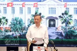 越共中央总书记、国家主席苏林在工作会议发表讲话。图自越通社