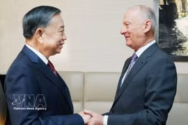 越共中央总书记、国家主席苏林会见俄总统助理尼古拉·帕特鲁舍夫。图自越通社