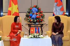 正在对越南进行正式访问的柬埔寨国会主席昆索达莉在河内会见越共中央委员、越南国会副主席、越柬友好议员小组主席、越柬友好协会主席阮氏清。图自越通社