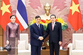 越南国会主席陈青敏会见泰国国王玛哈·哇集拉隆功和王后。图自越通社