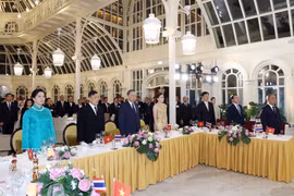 越共中央总书记、国家主席苏林及夫人吴芳璃同泰国国王玛哈·哇集拉隆功和王后素提达与各位代表向国旗致敬。图自越通社