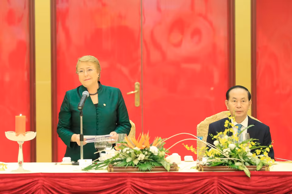 智利共和国总统米歇尔·巴切莱特·赫里亚在国宴上发言。（图片来源：越通社）