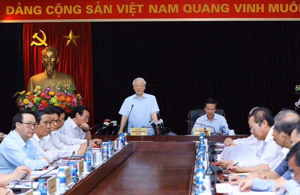 阮富仲在工作座谈会上发表讲话 图自越通社 