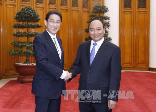  越南政府阮春福（右）会见来访的日本外务大臣岸田文雄。