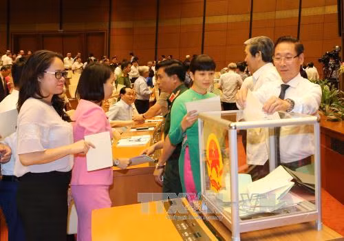  国会代表参加投票选举第十四届国会主席和副主席职务。