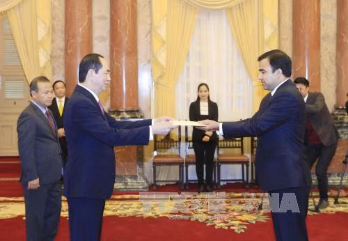  陈大光（左）接受阿富汗新任驻越大使贾楠·莫萨扎伊（Janan Mosazai）递交国书。越通社记者 颜创 摄