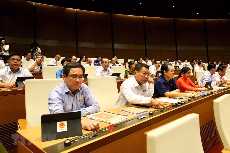 国会代表按钮表决通过有关批准《欧盟-越南自由贸易协定》（EVFTA）的决议。越通社记者 杨江 摄