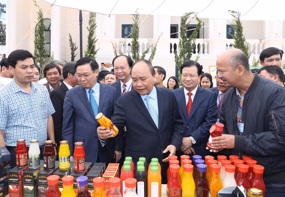 阮春福同各位代表参观在会上设立的展位。越通社记者 统一 摄