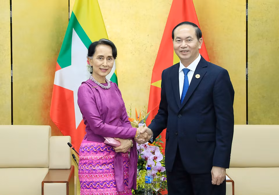 越南国家主席陈大光与缅甸国务资政昂山素季（图片来源：越通社）