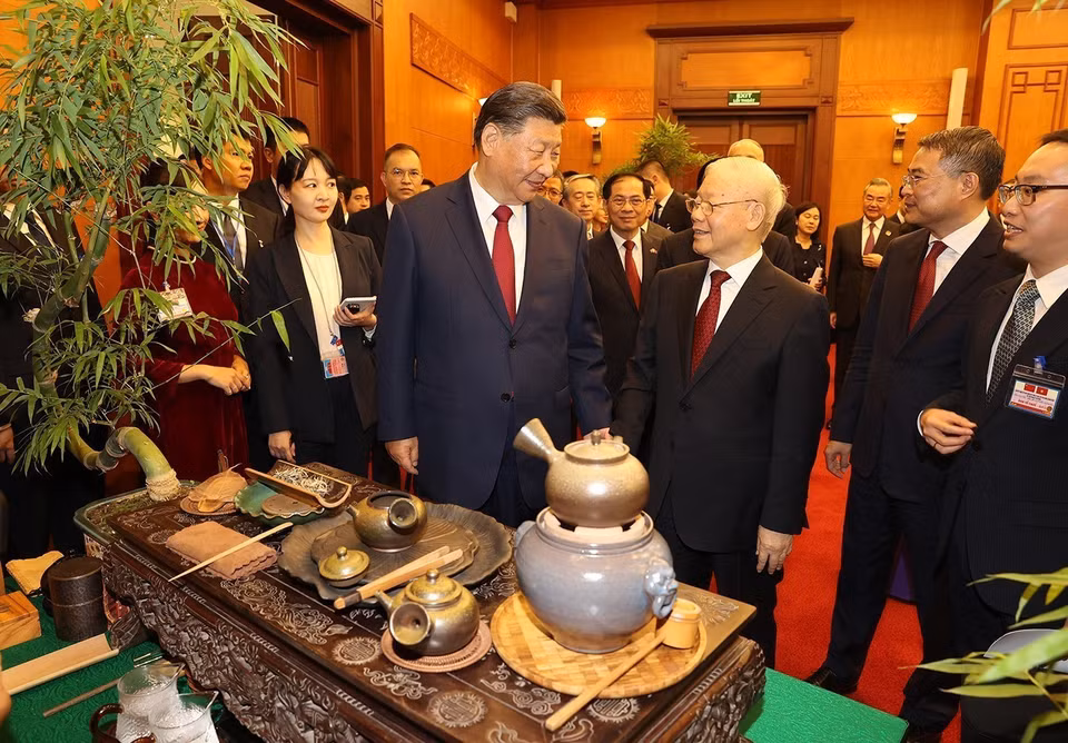 中共中央总书记、国家主席习近平听取了有关越南茶文化的介绍。图自越通社
