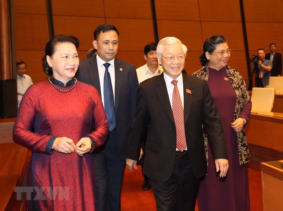 越共中央总书记、国家主席阮富仲、国会主席阮氏金银出席开幕式。图自越通社