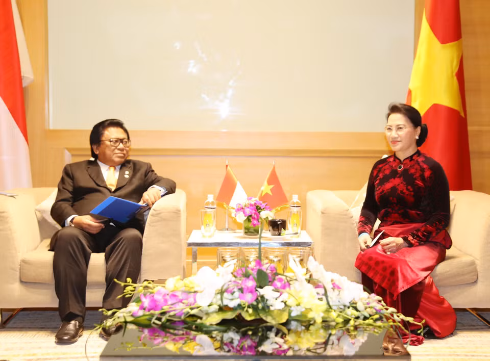 越南国会主席阮氏金银（右）会见印尼地方代表理事会主席乌斯曼•沙普达。（图片来源：越通社）