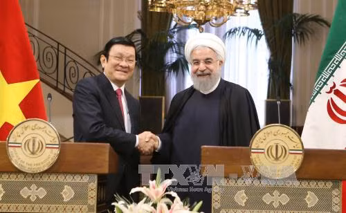  伊朗总统哈桑·鲁哈尼与越南国家主席张晋创举行新闻发布会，通报会谈结果。（图片来源：越通社）