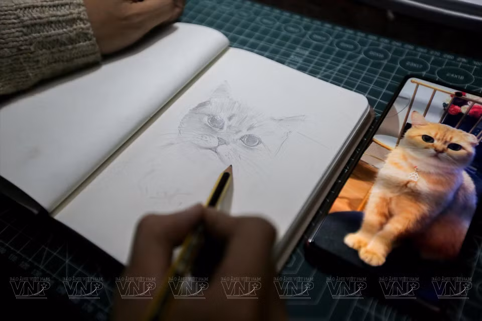 对各种宠物仔细观察后，世武进行手绘设计草图。图自越通社《越南画报》