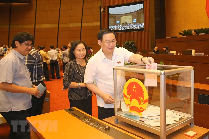 河内市市委书记王廷惠参加投票表决通过决议。图自越通社