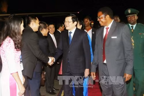 坦桑尼亚外交与国际合作部部长、坦桑尼亚部级官员，越南驻坦桑尼亚大使武成南和旅居坦桑尼亚越南人社群代表到机场迎接张晋创一行。（图片来源：越通社） 