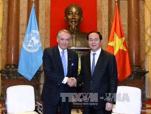越南国家主席陈大光（右）会见正在访越的联合国常务副秘书长扬·埃利亚松。