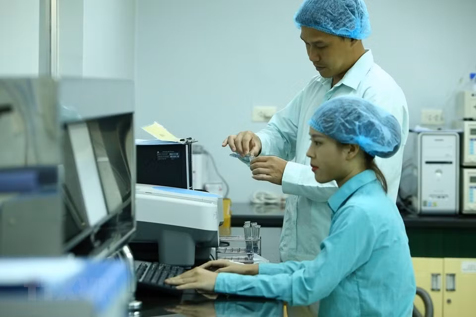 在越南卫生部一号疫苗与生物制品有限公司实验室中对疫苗中蛋白质含量的测定进行研究。越通社记者 明决 摄