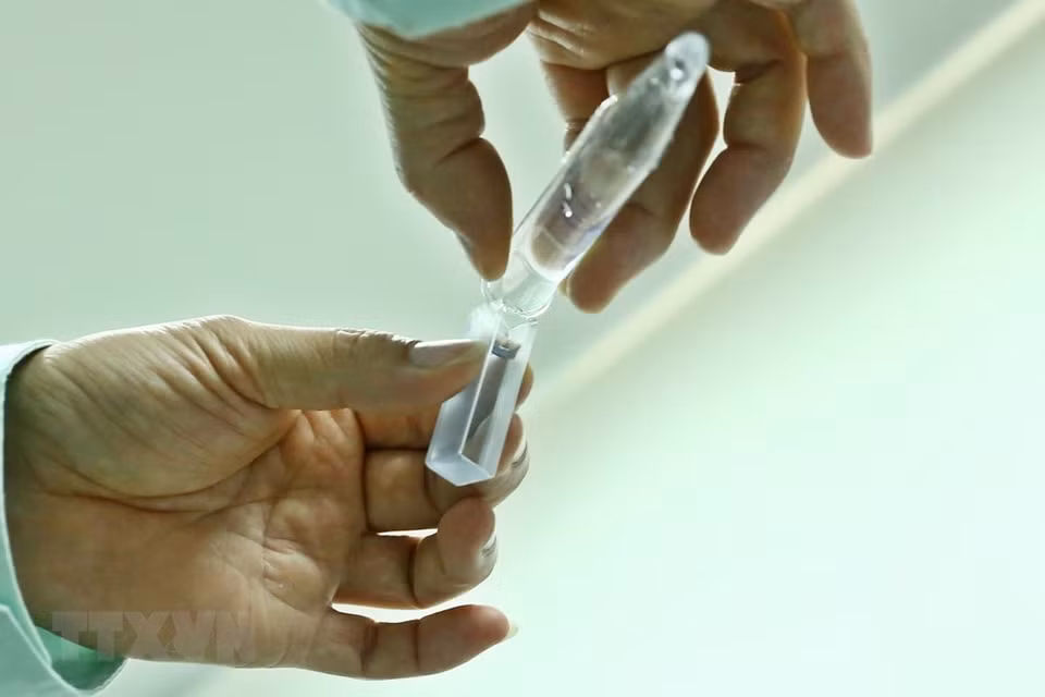 在越南卫生部一号疫苗与生物制品有限公司实验室中对疫苗中蛋白质含量的测定进行研究。越通社记者 明决 摄