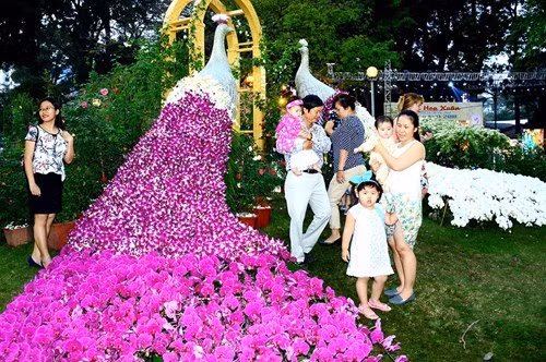 用兰花制成的两只大型孔雀吸引众多游客前来拍照。（图片来源：人民军队报）