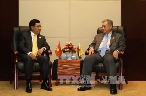  出席第49届东盟外长会议期间，越南政府副总理兼外交部部长范平明会见文莱外交和贸易部第二部长林玉成。