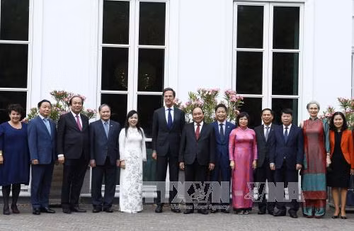 越南政府总理阮春福与荷兰首相马克•吕特同两国代表合影。（图片来源：越通社）
