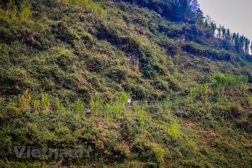 一条崎岖的石路婉婷而上，石路两旁青草茂盛，形成一条天然的绿色通道。这条石路，高低起伏，若隐若现，宛如一条回环曲折、漂浮不定的带子。小路依山傍水，穿过深林，像一条没有尽头的长绳，缠绕山腰。山路狭窄，盘盘曲曲，铺满了 落叶。徒步在这条小道上，游客彷佛正沉浸在这里原始的荒野美之中。图自Vietnam+