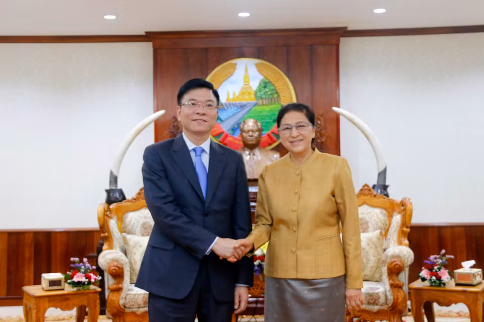 老挝国会主席巴妮·雅陶都会见越南司法部长黎成龙。（图片来源：越通社）