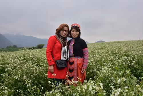 游客在洁白的芥菜花田里拍照留念。（图片来源：人民军队报）