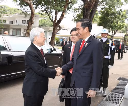 印尼总统佐科·维多多迎接阮富仲总书记。（图片来源：越通社）