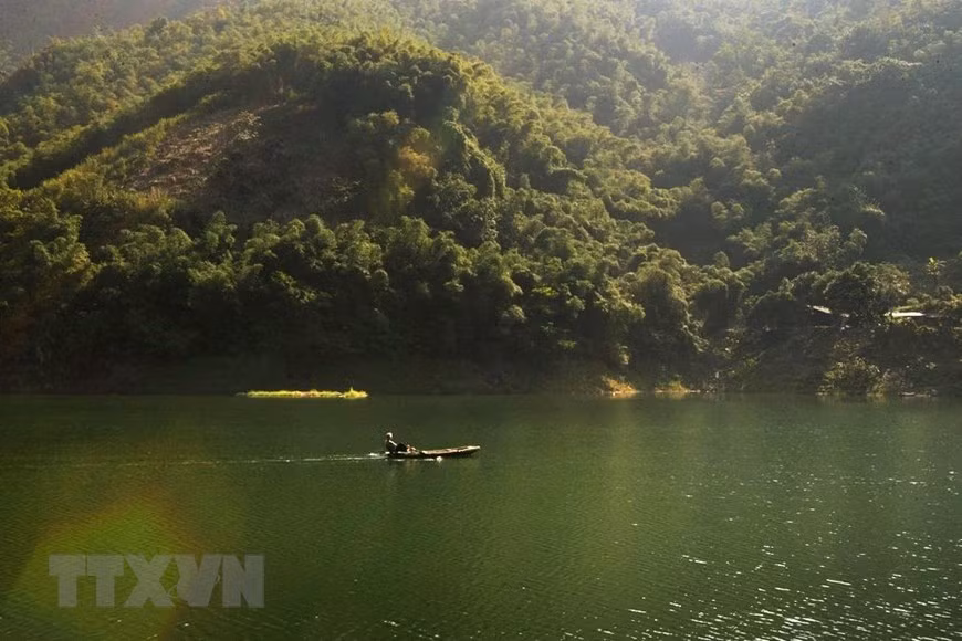 早晨在和平湖划船捕鱼的景象。图自越通社
