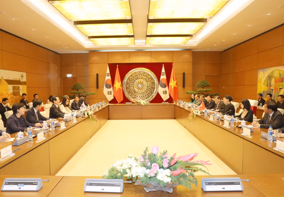 越南国会主席阮氏金银与韩国国会议长丁世均举行会谈。（图片来源：越通社）