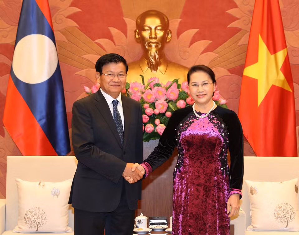越南国会主席阮氏金银（右）会见老挝总理通伦•西苏里。（图片来源：越通社）