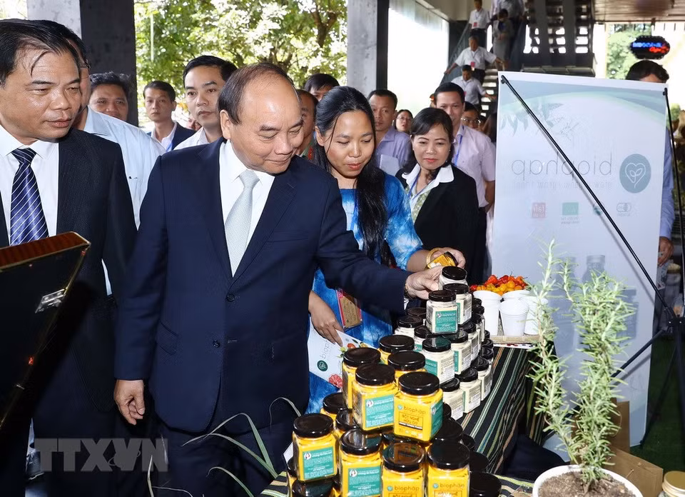 越南政府总理阮春福和与会代表参观产品展区。越通社记者 统一 摄