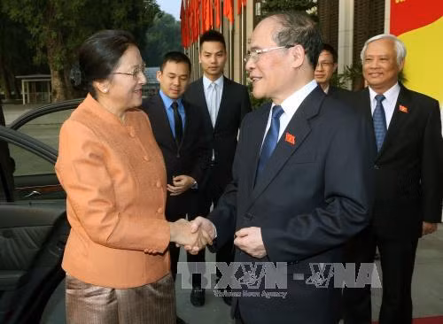 越南国会主席阮生雄会见老挝国会主席巴妮•雅陶都。（图片来源：越通社）