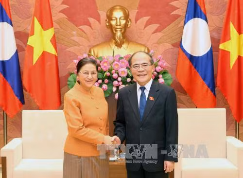 越南国会主席阮生雄会见老挝国会主席巴妮•雅陶都。（图片来源：越通社）