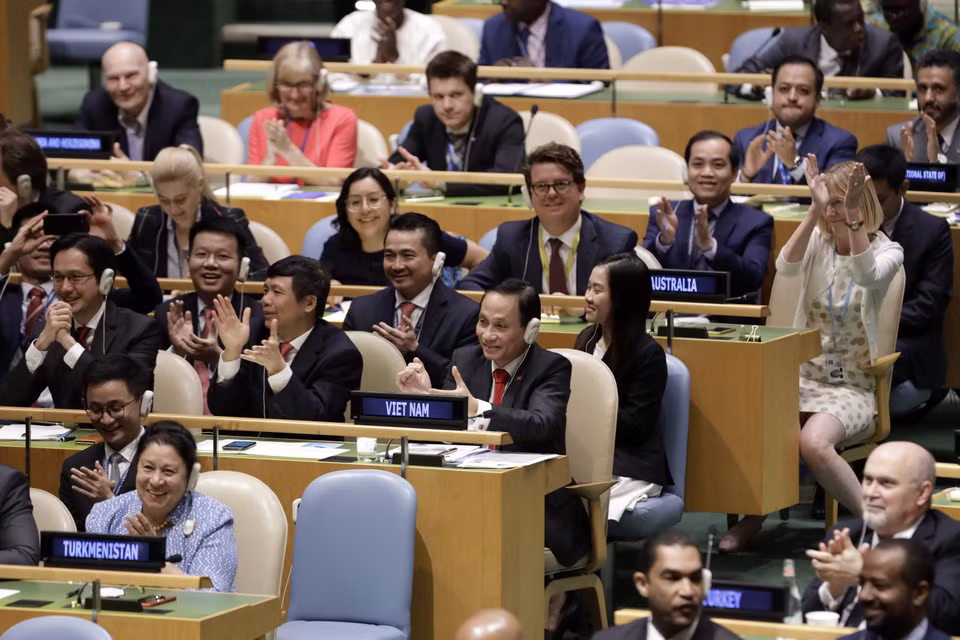 越南高票当选2020-2021人起联合国安理会非常任理事国（2019年6月）。图自越通社