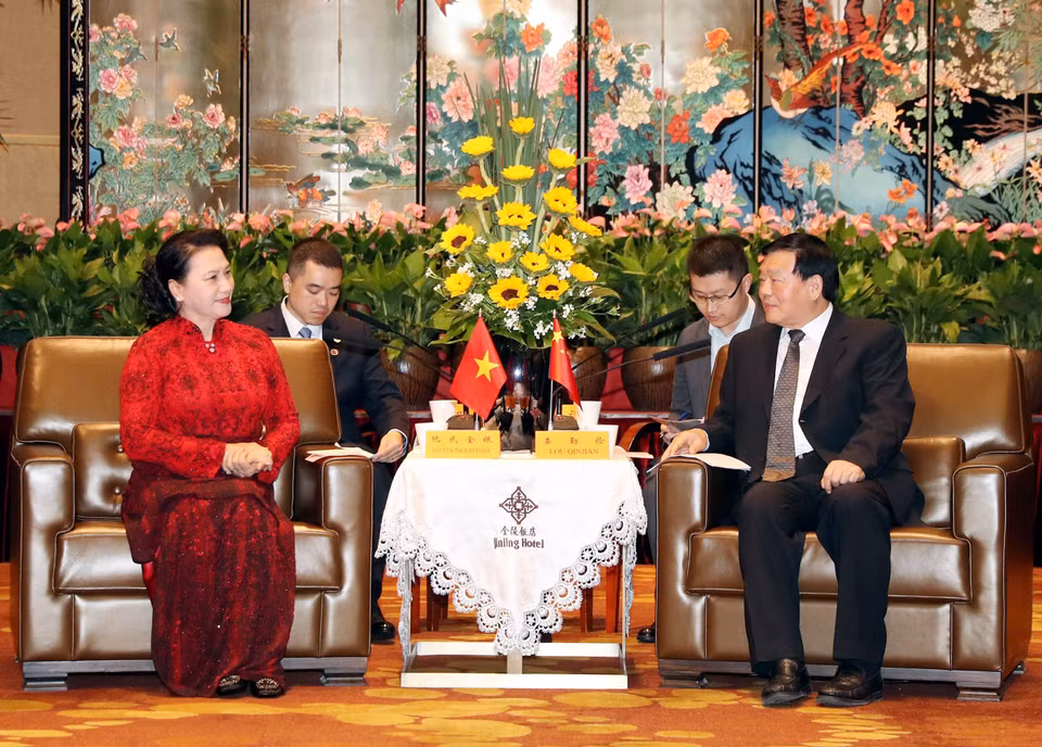 越南国会主席阮氏金银会见中国江苏省省委书记娄勤俭。越通社记者 仲德 摄