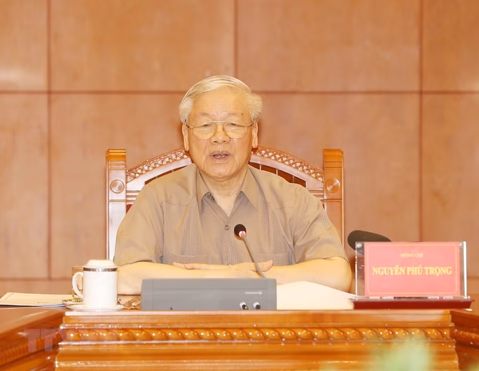 越共中央总书记、国家主席、中央反腐败指导委员会常委会主任阮富仲发表指导性。越通社记者智勇 摄