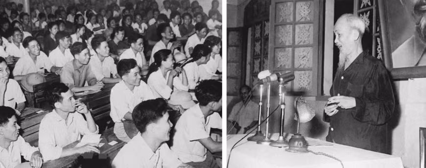 1966年5月14日，胡主席与河内党部新党员培训班的学员交谈。图自越通社