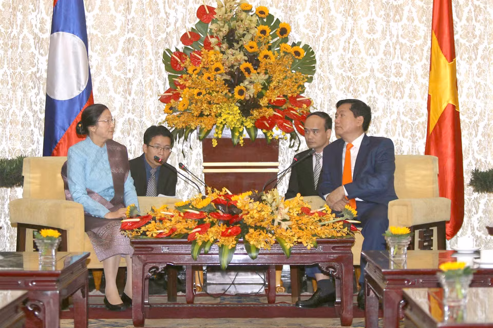 胡志明市市委书记丁罗升会见老挝国会主席巴妮•雅陶都（图片来源：越通社）