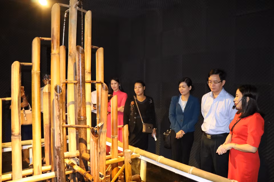 讲解人向参观者介绍得农声音展览馆展出的乐器。图自越通社
